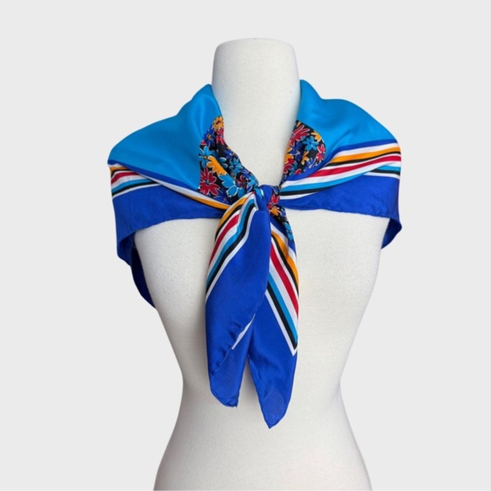 Vintage 80's Silk Scarf Blue Floral Casca For Magid‎ Folk Art Modern